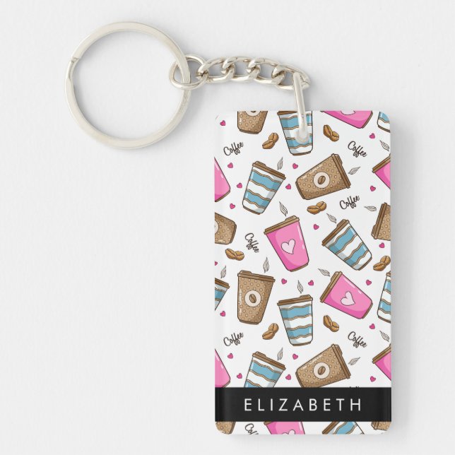 Coffee Cups, Coffee Beans, Hearts, Your Name Key Ring (Front)