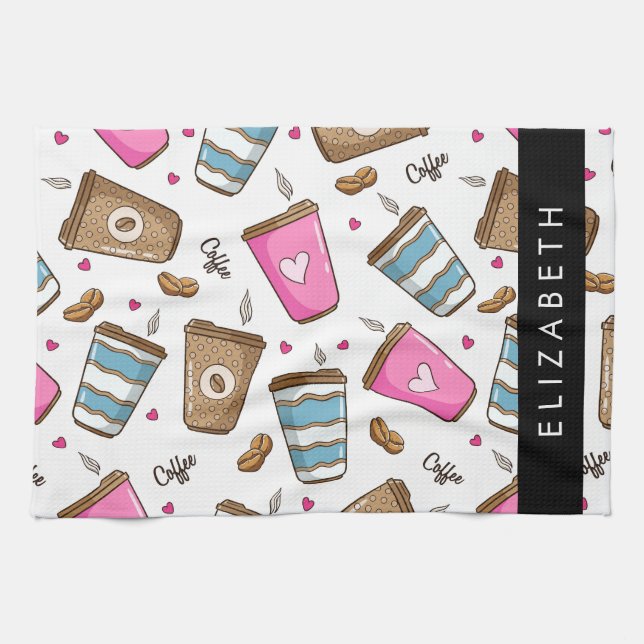 Coffee Cups, Coffee Beans, Hearts, Your Name Tea Towel (Horizontal)