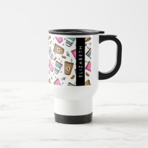 Coffee Cups, Coffee Beans, Hearts, Your Name Travel Mug