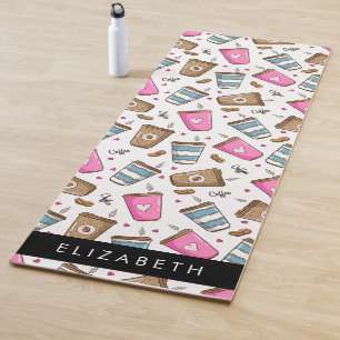 Coffee Cups, Coffee Beans, Hearts, Your Name Yoga Mat