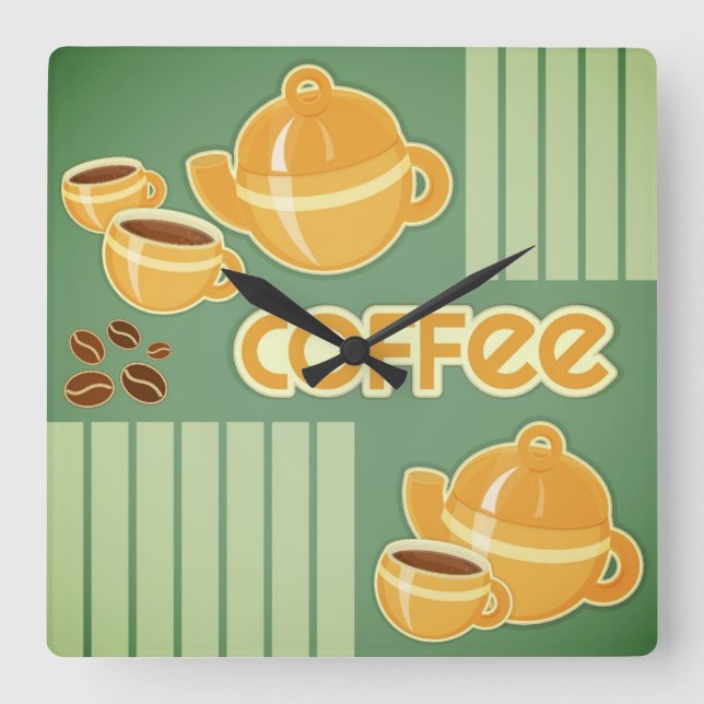 Coffee Cups, Coffee Pot And Coffee Beans Square Wall Clock (Front)
