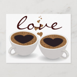 Coffee Cups Couple in Love with Hearts Postcard