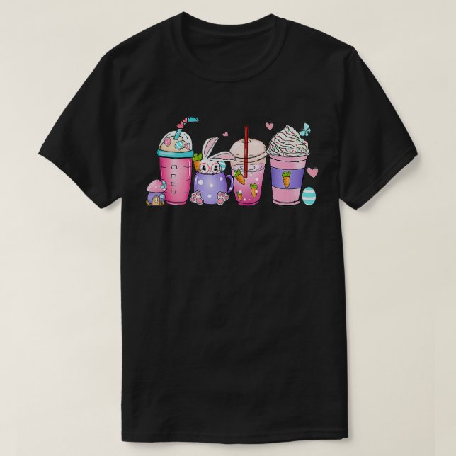 Coffee Cups Latte Retro Style Rabbits Eggs Easter  T-Shirt (Design Front)