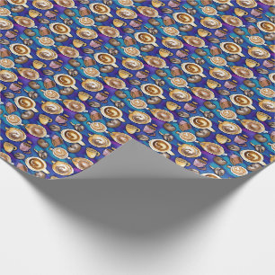 Coffee Cups On Blue Watercolor Pattern Wrapping Paper