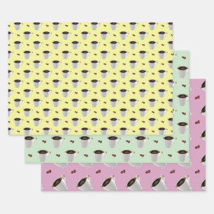 COFFEE CUPS ON PASTEL BACKGROUNDS WRAPPING PAPER SHEET