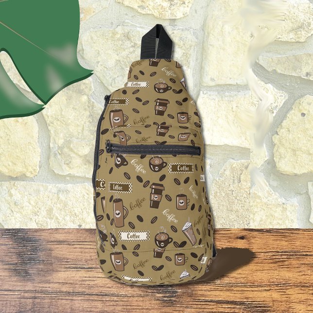 Coffee Cups Pattern Brown Sling Bag (Coffee cups pattern brown sling bag)