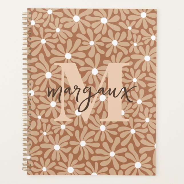 Coffee Daisy Floral Personalized Monogram Name Planner (Front)