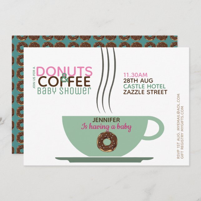 COFFEE DONUTS Baby Shower Invitation Pink Turq (Front/Back)