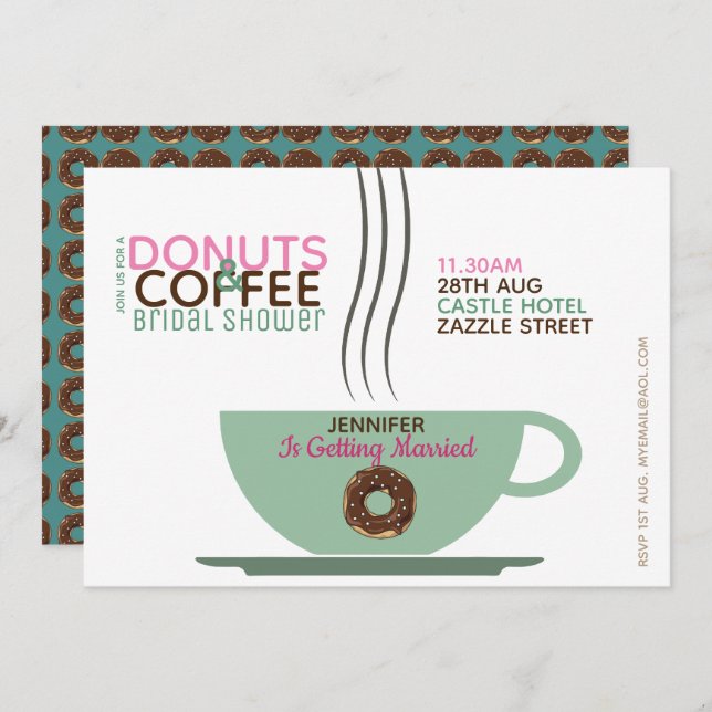 COFFEE DONUTS Bridal Shower Invitation Pink Turq (Front/Back)