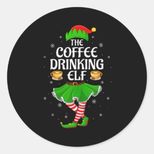 Coffee Drinking Elf Christmas Girls Women Elf Squa Classic Round Sticker