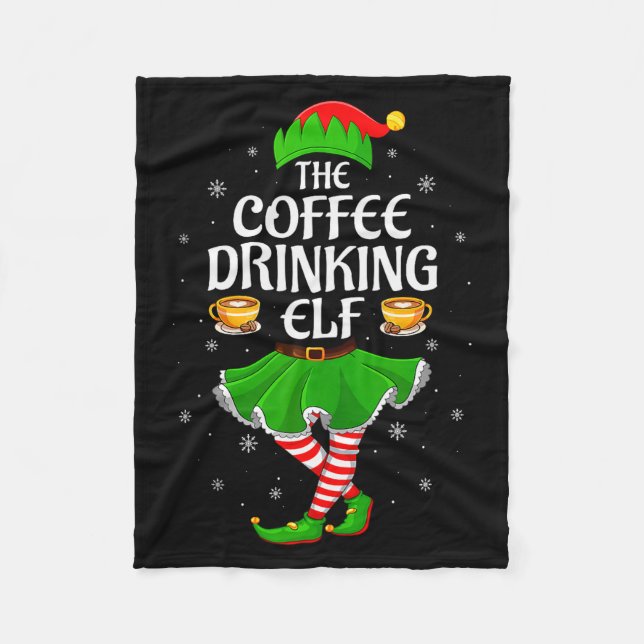 Coffee Drinking Elf Christmas Girls Women Elf Squa Fleece Blanket (Front)