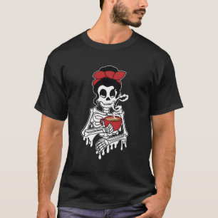 Coffee Drinking Lady Skeleton Coffee Halloween T-Shirt
