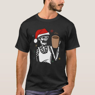 Coffee Drinking Skeleton Christmas Skull Santa Hat T-Shirt