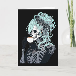 Coffee Drinking Skeleton Messy Bun Halloween Costu Card
