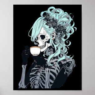 Coffee Drinking Skeleton Messy Bun Halloween Costu Poster