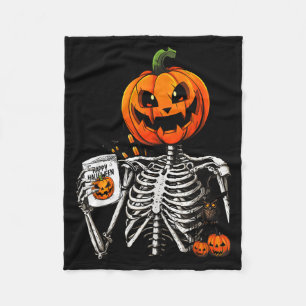 Coffee Drinking Skeleton Pumpkin Halloween Costume Fleece Blanket