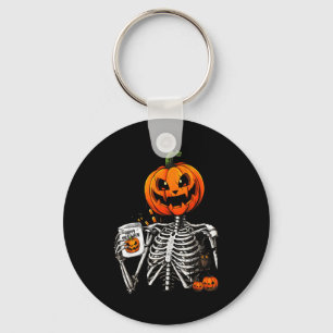 Coffee Drinking Skeleton Pumpkin Halloween Costume Key Ring
