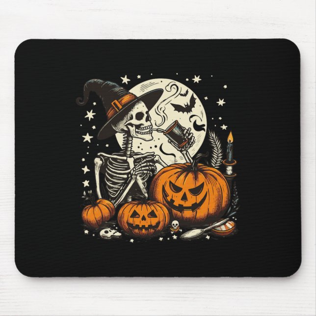 Coffee Drinking Skeleton Pumpkin Halloween Costume Mouse Pad (Front)