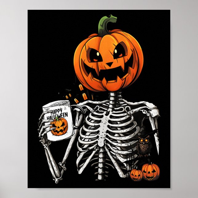 Coffee Drinking Skeleton Pumpkin Halloween Costume Poster (Front)