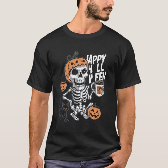 Coffee Drinking Skeleton Pumpkin Halloween Costume T-Shirt (Front)