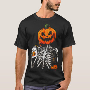 Coffee Drinking Skeleton Pumpkin Halloween Costume T-Shirt