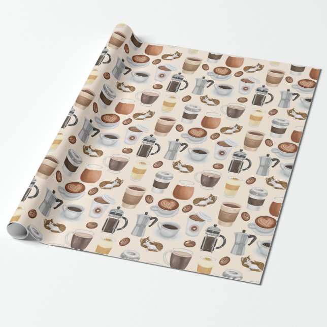 Coffee Drinks and Cats Pattern Cute  Wrapping Paper (Unrolled)