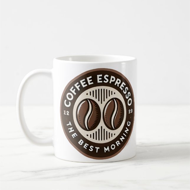 Coffee Espresso Label With Morning-Themed Design Mug (Left)
