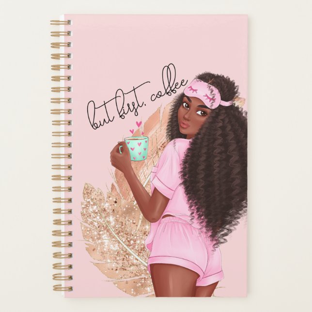 Coffee Faux Glitter Girl Hair Rose Pink   Planner (Front)