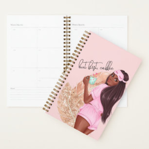 Coffee Faux Glitter Girl Red Hair Brown Pink  Planner