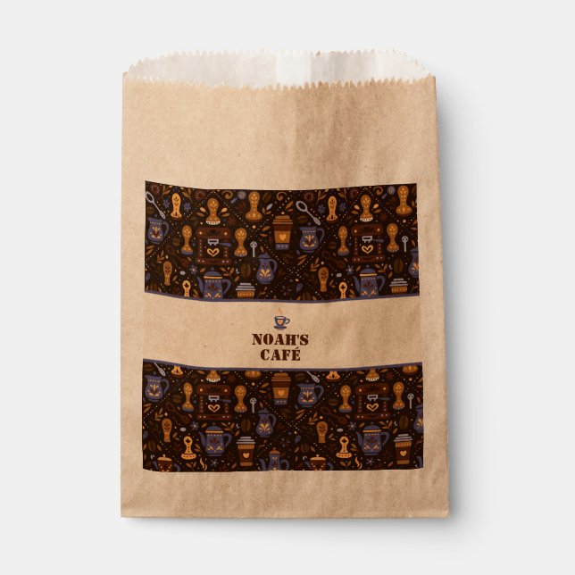 Coffee favour bags — kraft with folk coffee bands (Front)