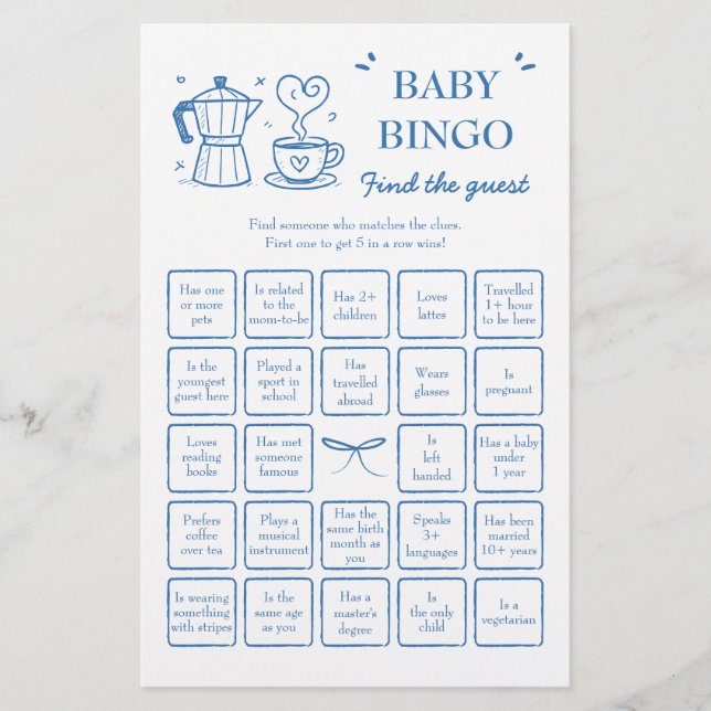 Coffee Find the Guest Baby Bingo Game (Front)