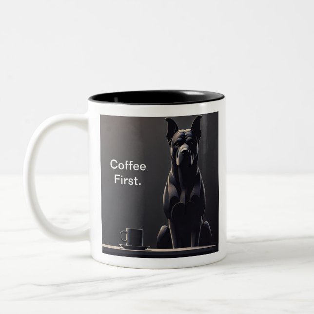 Coffee First Black Dog Two-Tone Coffee Mug (Left)