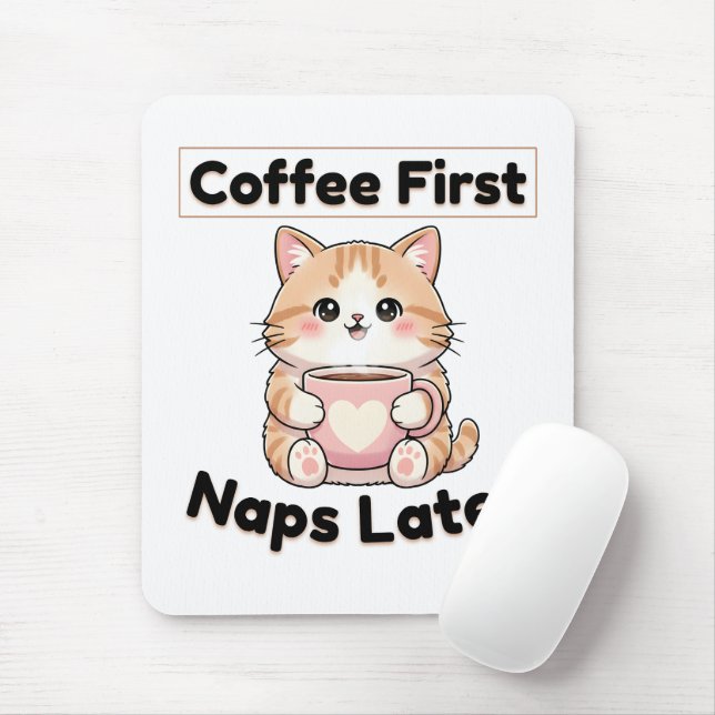 Coffee First Naps Later Cute Cat | Kawaii Coffee  Mouse Pad (With Mouse)
