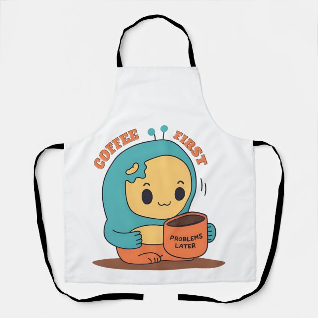 Coffee First… Problems Later – Cute Cartoon Design Apron (Front)