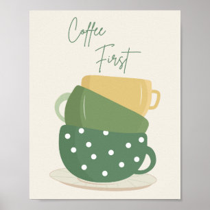 Coffee First Retro Boho Mugs Wall Art Print