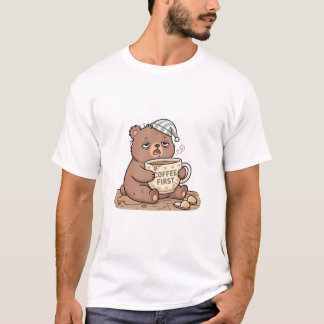 Coffee First Sleepy Bear Cartoon T-Shirt