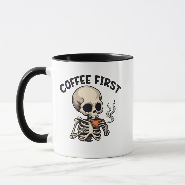 Coffee First Spooky Halloween Skeleton Caffeine Mug (Left)