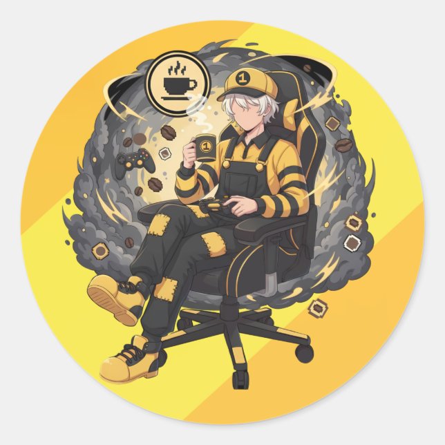 Coffee Gamer Anime Boy Yellow Aesthetic Art Classic Round Sticker (Front)