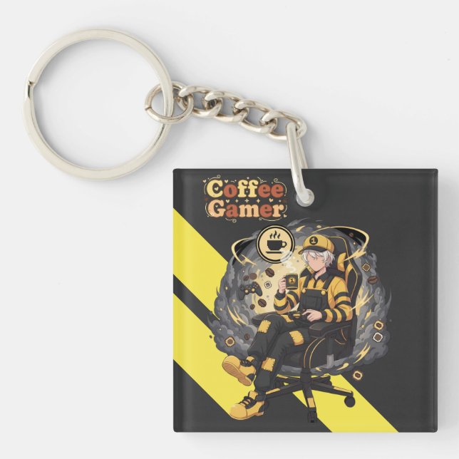 Coffee Gamer Anime Boy Yellow Aesthetic Art Key Ring (Front)