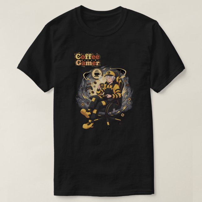 Coffee Gamer Anime Boy Yellow Aesthetic Art T-Shirt (Design Front)