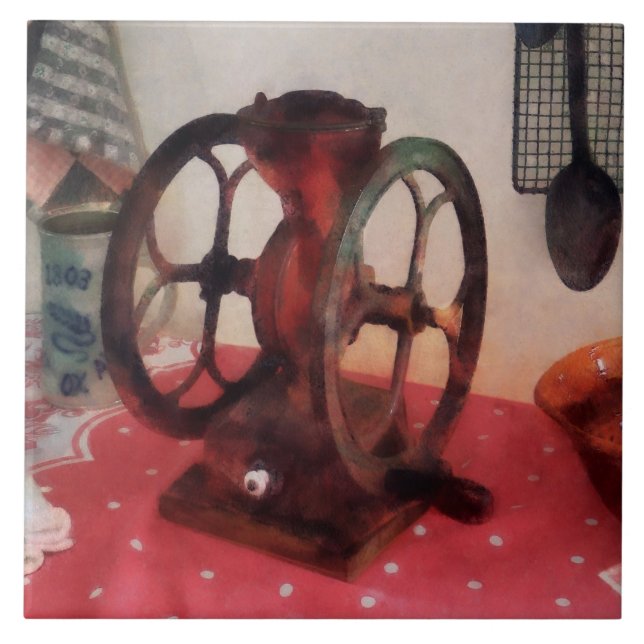 Coffee Grinder on Red Tablecloth Tile (Front)