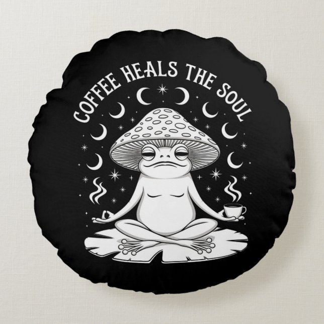 Coffee Heals the Soul Frog Round Cushion (Front)