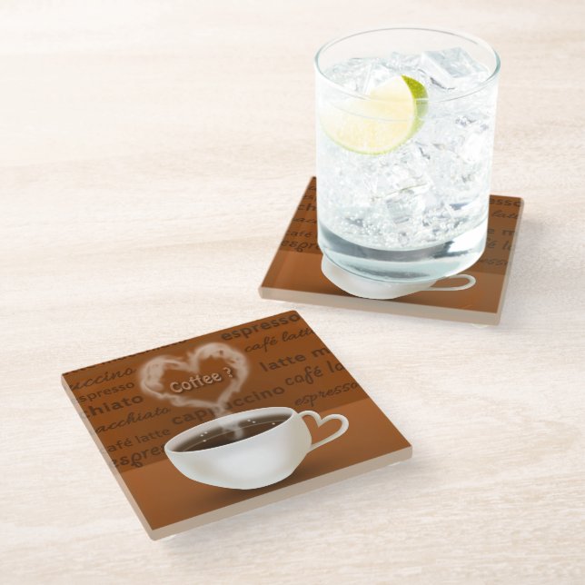 Coffee? Heart Shaped Smoke Glass Coaster (Angled)