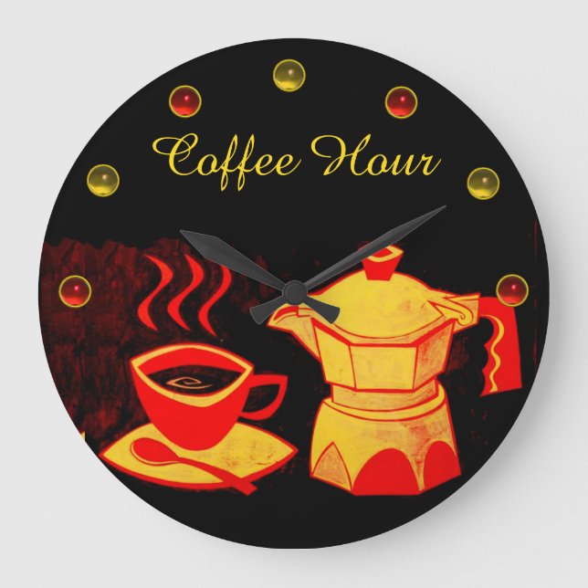 COFFEE HOUR /Red Yellow Coffee cup and coffeepot Large Clock (Front)