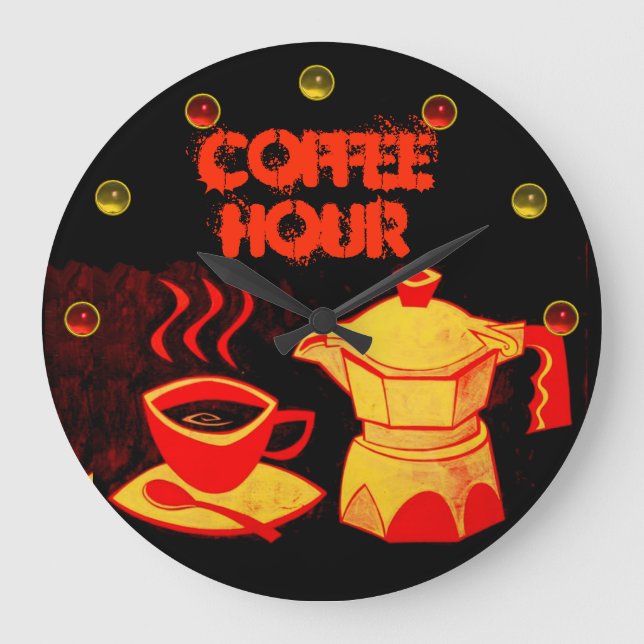 COFFEE HOUR /Red Yellow Coffee cup and coffeepot Large Clock (Front)
