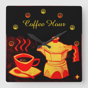 COFFEE HOUR /Red Yellow Coffee cup and coffeepot Square Wall Clock
