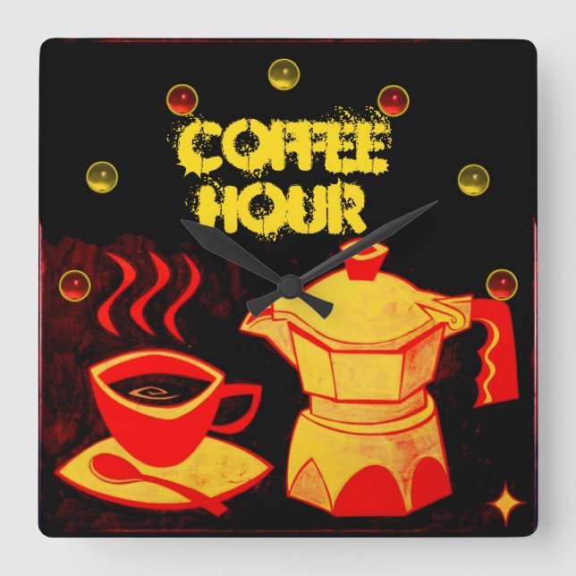 COFFEE HOUR /Red Yellow Coffee cup and coffeepot Square Wall Clock (Front)