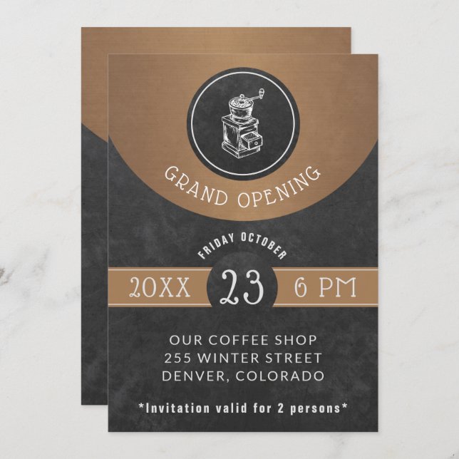 Coffee House Logo Grand Opening Copper and Black Invitation (Front/Back)
