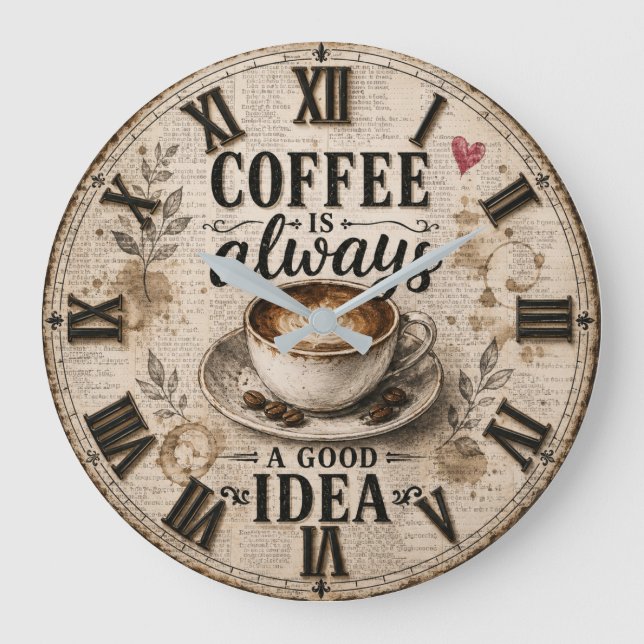 Coffee Is Always a Good Idea  Rustic Café Decor Large Clock (Front)
