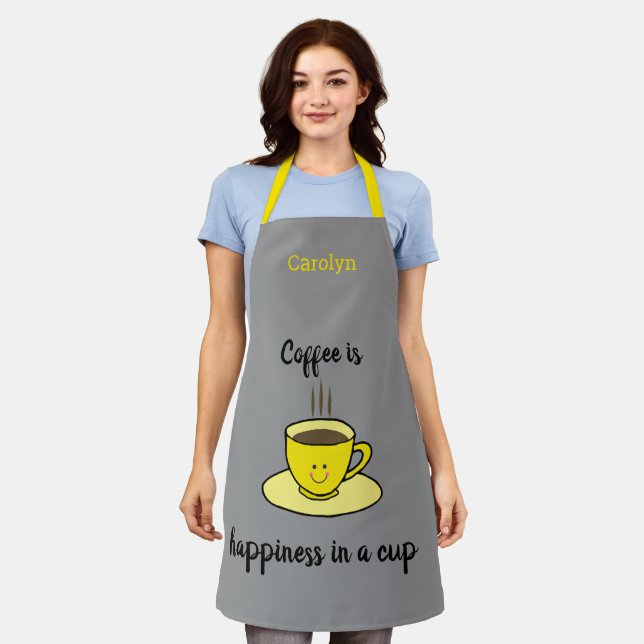 Coffee is happiness in a cup, yellow, personalised apron (Worn)